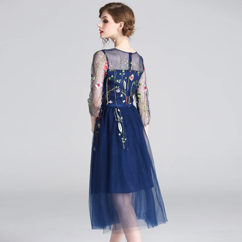 

ZQLZ Women Spring Summer Party Sexy Dresses Runway Floral Bohemian Flower Embroidered Vintage Boho Mesh Dresses Women Vestido