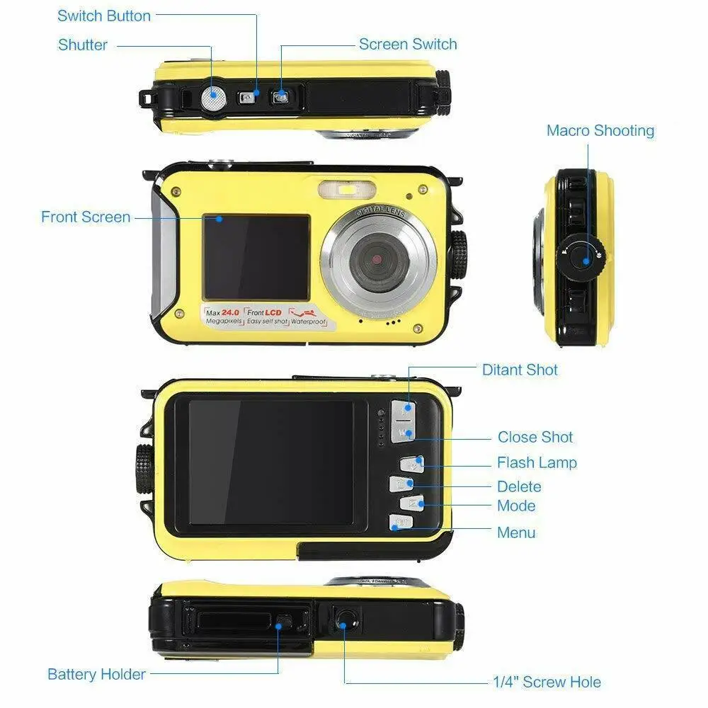 Цифровая камера 2 7 дюймов TFT Водонепроницаемая 24MP MAX 1080P двойной экран 16x