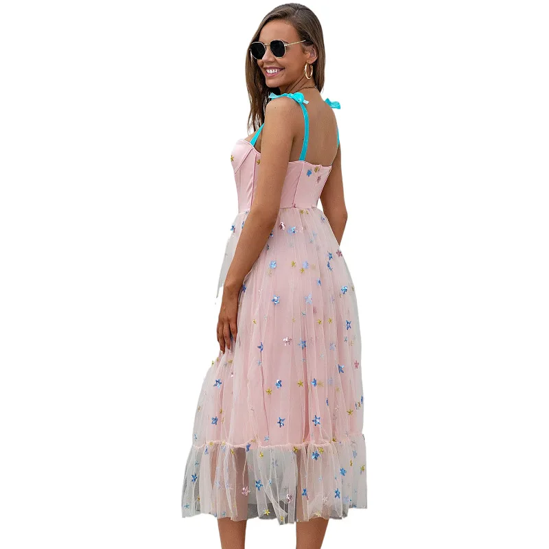 

Blue Star Net Yarn Evening Dress Ladies Style Sequin Embroidery French Tube Top Suspender Birthday Party Prom Dress A190