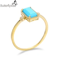 bk 9k genuine gold 585 rings natural turquoise gemstone ethnic simple square jewelry for women wedding anniversary gift
