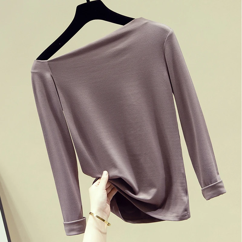 Осенняя мода 2020 Сексуальная футболка с вырезом лодочкой женская длинным рукавом