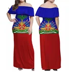 Jackherelook Гаити с принтов в виде флажков Для женщин с открытыми плечами Длинное Платье многослойное платье с пышным воротником вечернее Bodycon платья для вечерние платья