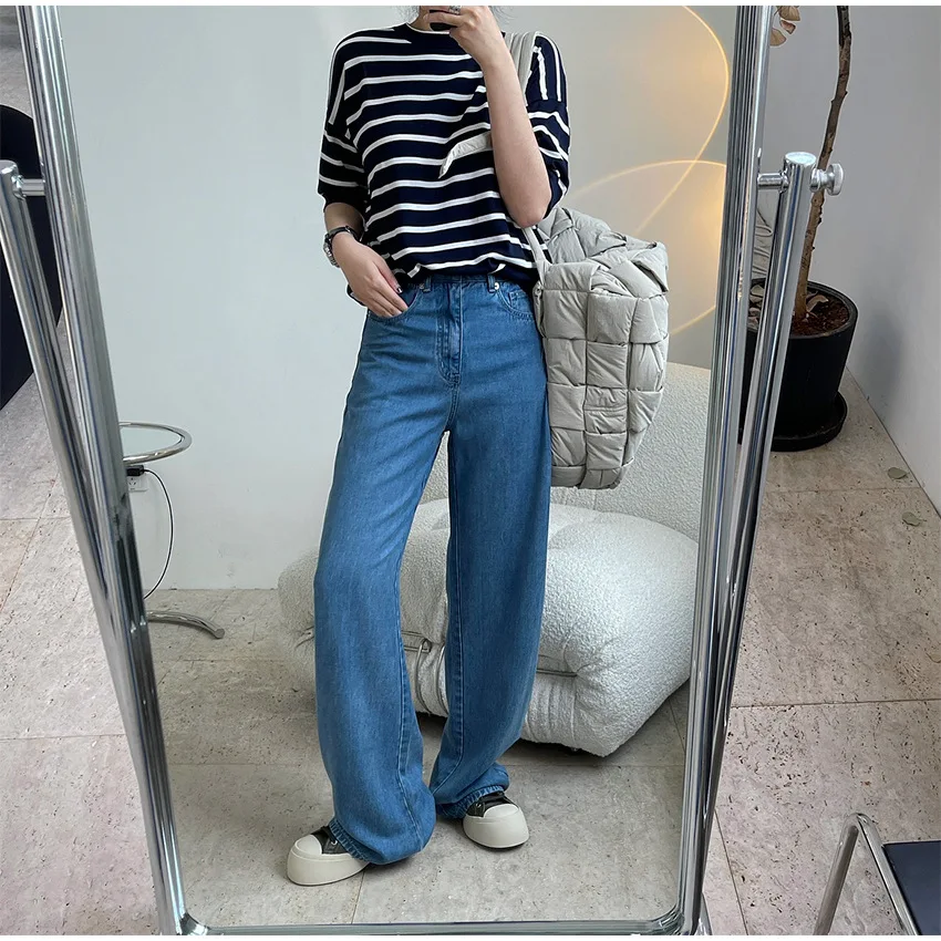 

Lyocell Fiber Summer New Korean Vertical High Waist Straight Wide Leg Jeans Loose And Slim Trousers