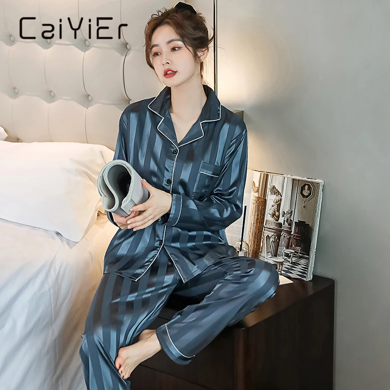 CAIYIER Couples Pajamas Set Women Men Silk Satin Sleepwear Long Sleeve + Pants Nightwear Casual Winter Stripe pyjama Loungewear