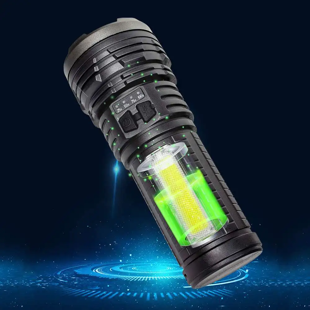 

USB Rechargeable LED Flashlight with COB Side Light Built-in 18650 Battery Power Display Double Light Strong LED Torch -1000LM