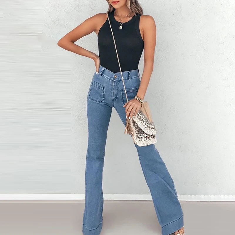 

Women Fashion Casual Slinky Jeans Long Pants Pocket Design Women Trousers Denim Pants Fashion Casual Flared Jeans