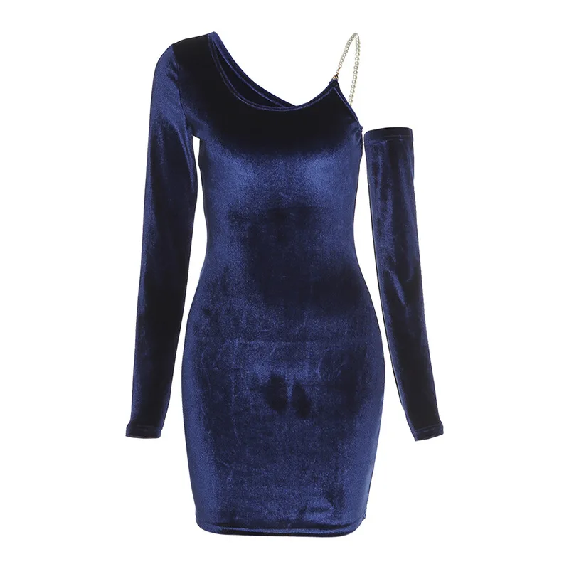 

2021 Spring and Autumn New Fashion y2k Women's Pure Color Blue Slim Sexy High Waist Bag Hip Irregular Off-shoulder Dress