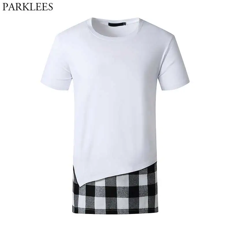 

Лоскутная клетчатая удлиненная Мужская футболка, новинка 2021, облегающая футболка в стиле хип-хоп с круглым вырезом, Повседневная Уличная фу...