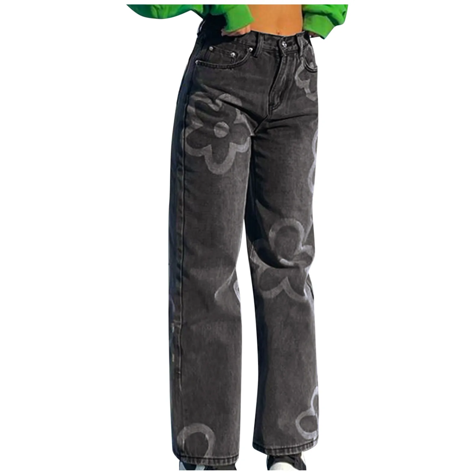 

Women Comfortable Jeans High Waist Straight Pants Flower Print Slim Casual Daily Jeans Wide Leg Pants pantalones de mujer
