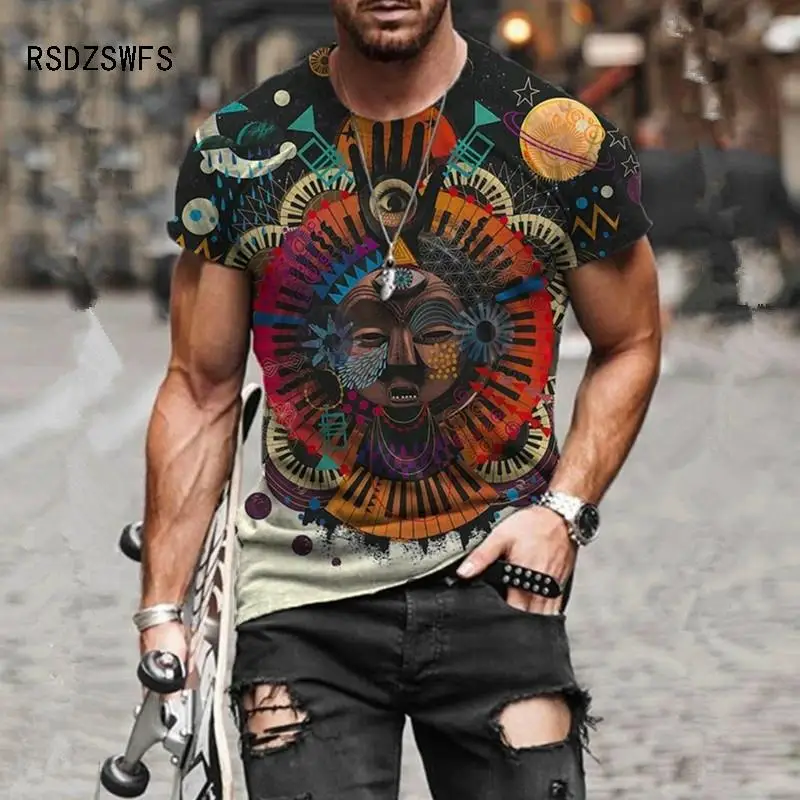 

2021 New Retro Men's Short Sleeve T-Shirt National Style Yuansu Fashion Clothing 3D Printing Round Neck Leisure