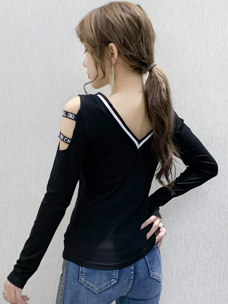 

Latin Dance Female Adult Sexy Body Suit Long Sleeve Performance Dancing Clothing Practice Clothes V-neck Letter Slim Shirt Women