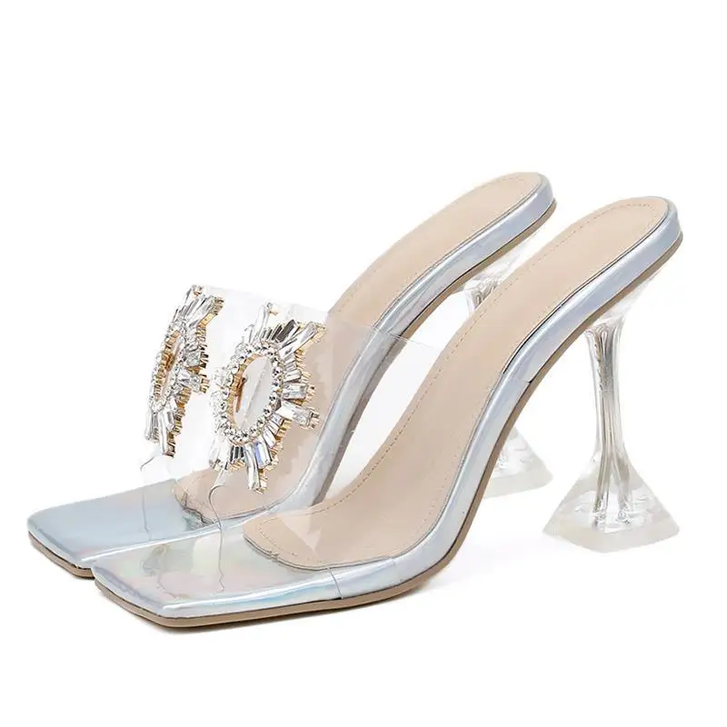 2021 summer new transparent high heels large size square toe open toe high heel rhinestone shoes sandals and slippers women free global shipping