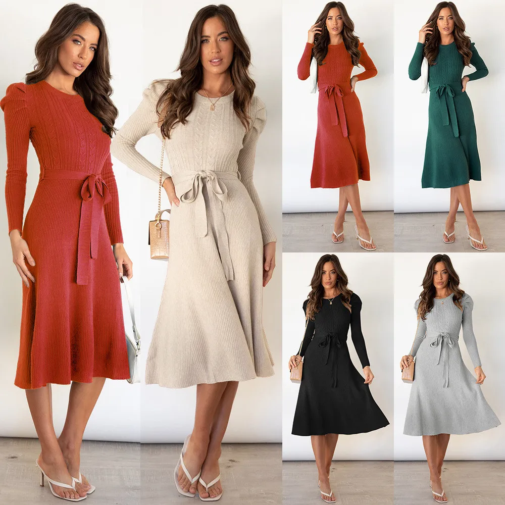 

Autumn Winter Fashion Women Long Sleeve O-Neck Solid Color Knitted Dress Ladies Elegant Party Dresses