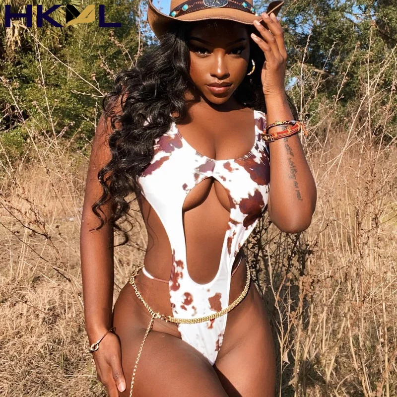 

Women Bodysuit Print Sleeveless O-nekc Bandage Hollow Out Bikini Skinny Sexy Swimsuit