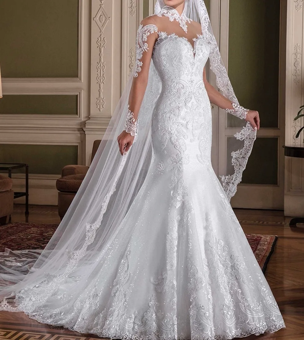 Vestido de noiva Свадебные платья русалки с длинными рукавами кружевные аппликации для свадебных платьев с высоким вырезом Robe de mariee Casamento