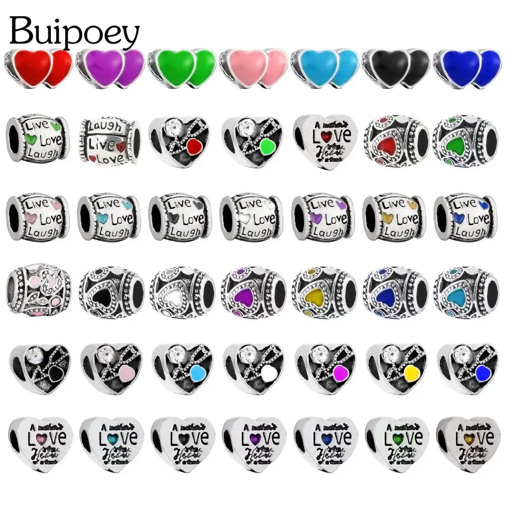Buipoey 2 шт./лот эмаль любовь сердце бисер Живая Любовь Смех бусины серебряный цвет