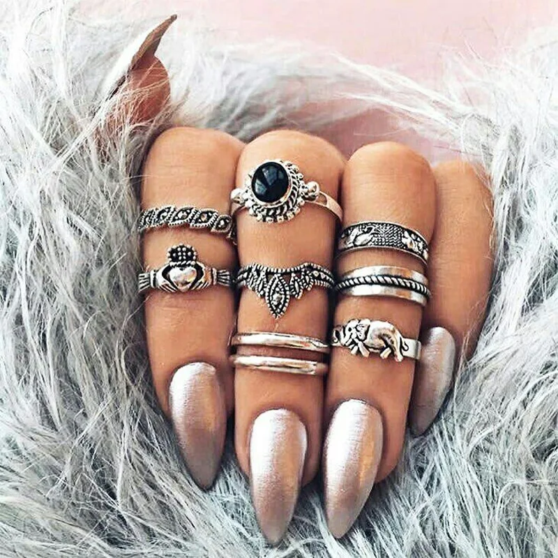 

8Pcs/Sets Boho Vintage Crown Knuckle Rings For Women Pearl Crystal Elephant Geometric Female Finger Rings Set Jewelry