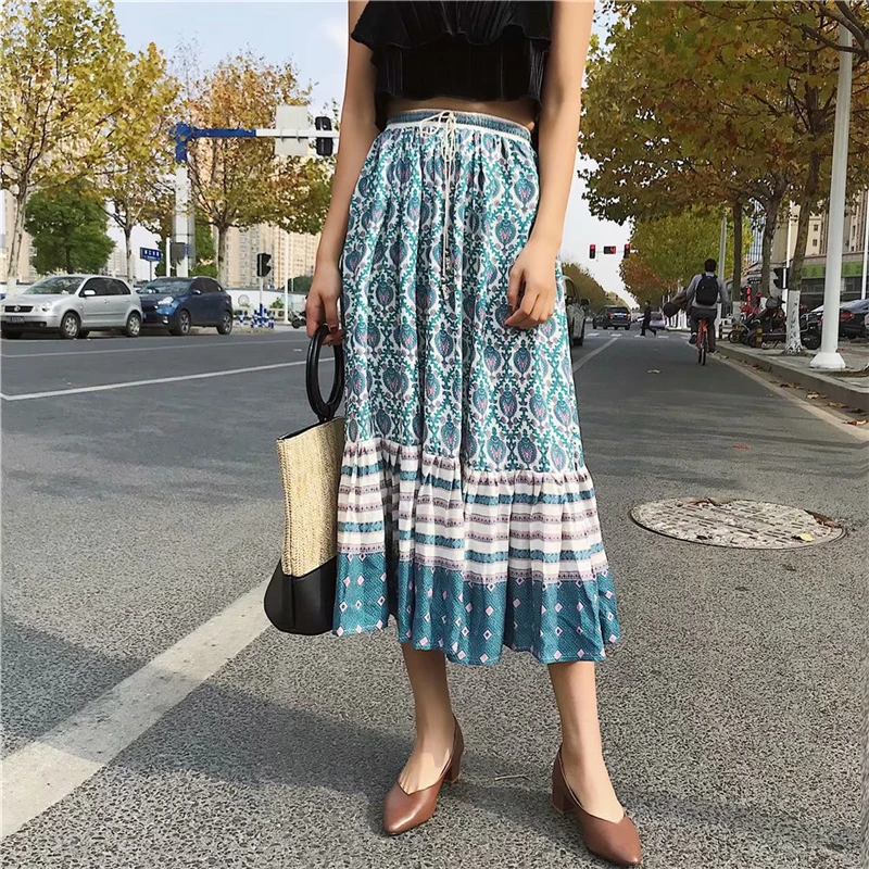 Boho шикарная Женская пляжная юбка хиппи с зеленым цветочным принтом, богемная юбка с высокой эластичной талией из вискозы, трапециевидная юбка миди для женщин