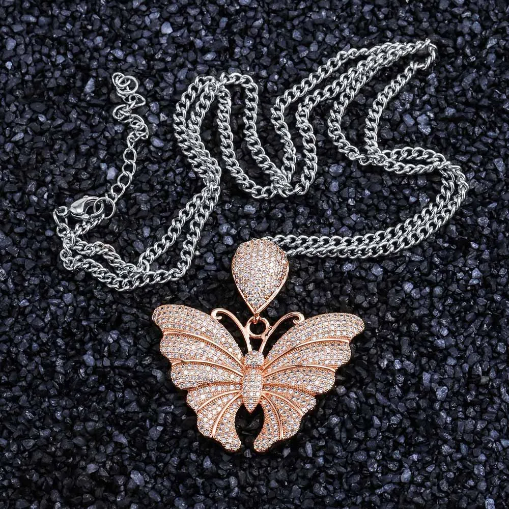 Хип-хоп раппер для мужчин и женщин ювелирные изделия AAA+ Cubrc циркония Bling CZ Подвески «бабочка» ожерелье для девочек подарок для пары кубинские цепи