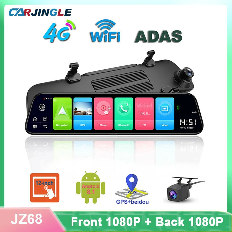 4G Android Видеорегистраторы для автомобилей 1080p Ночное видение Камера полный 12 дюймовое зеркало GPS рекордер WIFI с двумя объективами ADAS