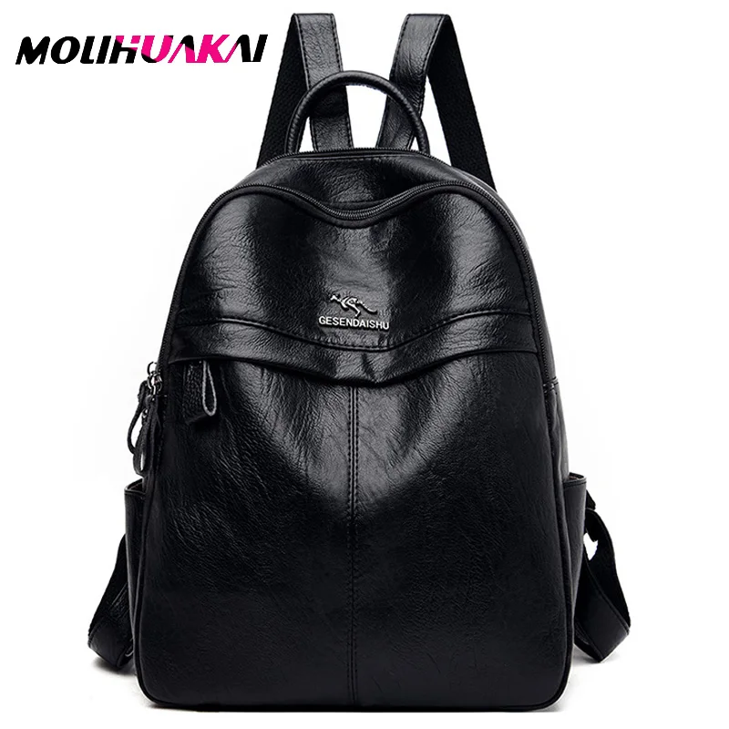 

Molihuakai2020 New Women Soft Leather Backpacks For Girls Casual Daypack Black Vintage Backpack School Bags For Girls Rucksacks