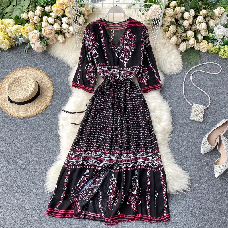 Женское летнее платье с V-образным вырезом и принтом в этническом стиле | Женская