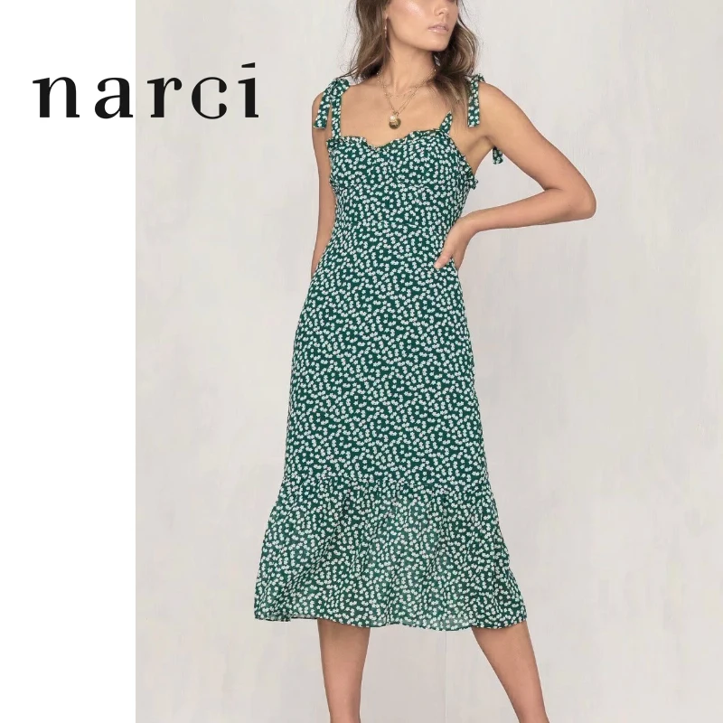 Женский сарафан с зеленым цветочным принтом narci модный Шифоновый Сарафан на