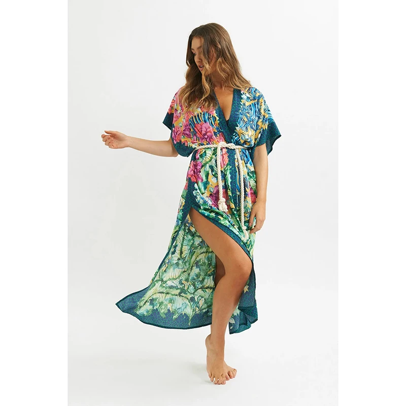 

Sporlike Vintage print floral beach cover up summer swimwear bikini outerwear flare sleeve oversize bohemian long cardigans