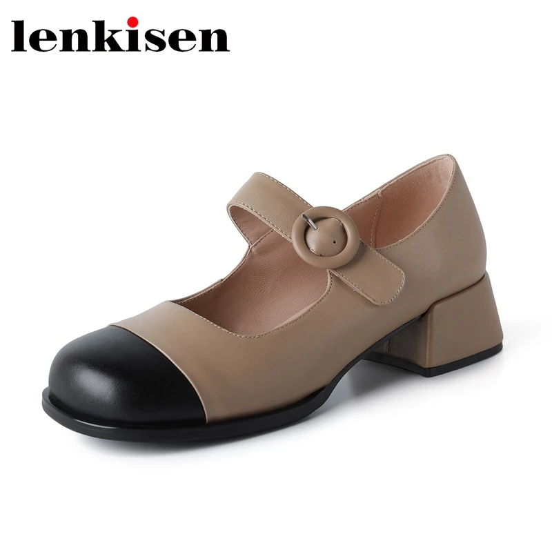 Lenkisen lovely mary janes shoes buckle strap round toe beige and black mixed colors thick med heels real cow leather pumps l1f5