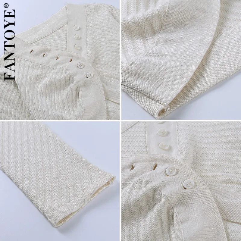 

FANTOYE Ruched V-Neck Full Sleeve Button Knitting Crop Top Elegant Pure Warm Mini Tank Top Slim Partywear Ladies Clothing Autumn
