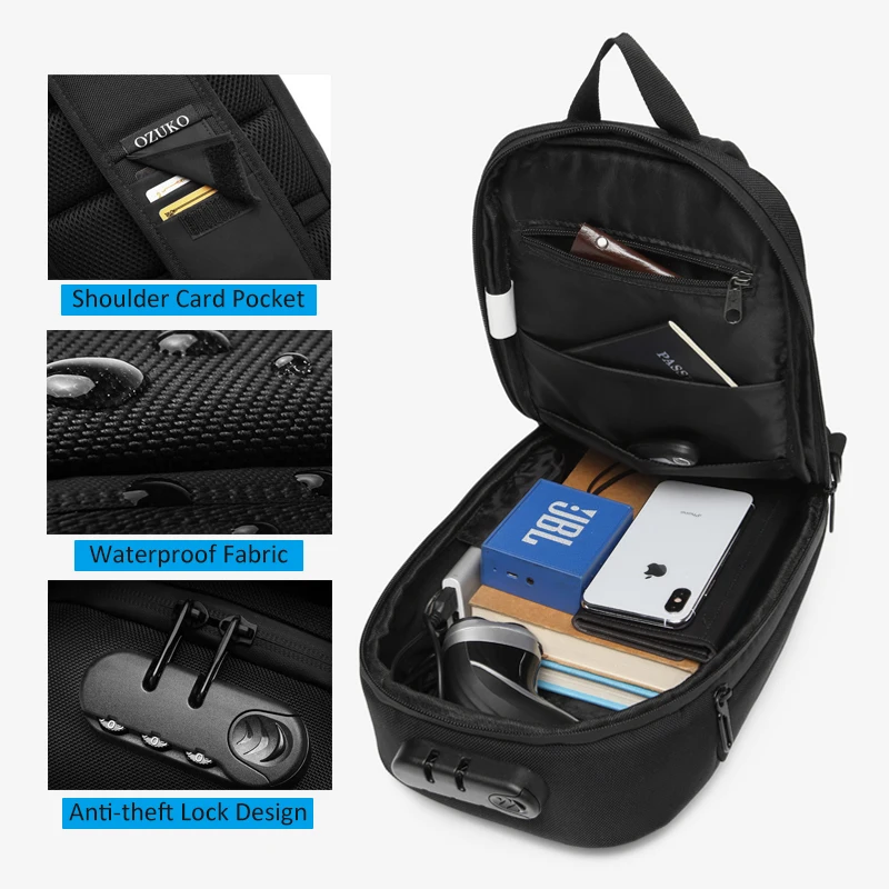 OZUKO Men Anti-theft Crossbody Bags Male Oxford Waterproof USB Charging Chest Pack Sling Bag Short Trip Messenger Shoulder |