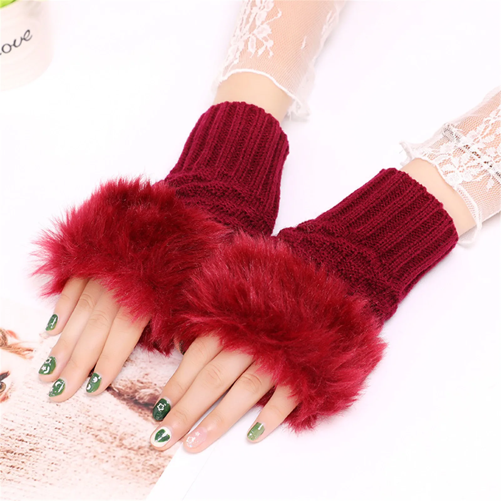 

Women's Winter Gloves 1 Pair Outdoor Hand Warmer Faux Rabbit Fur Breathable Girl Half Finger Gloves Knitted Fingerless Mittens