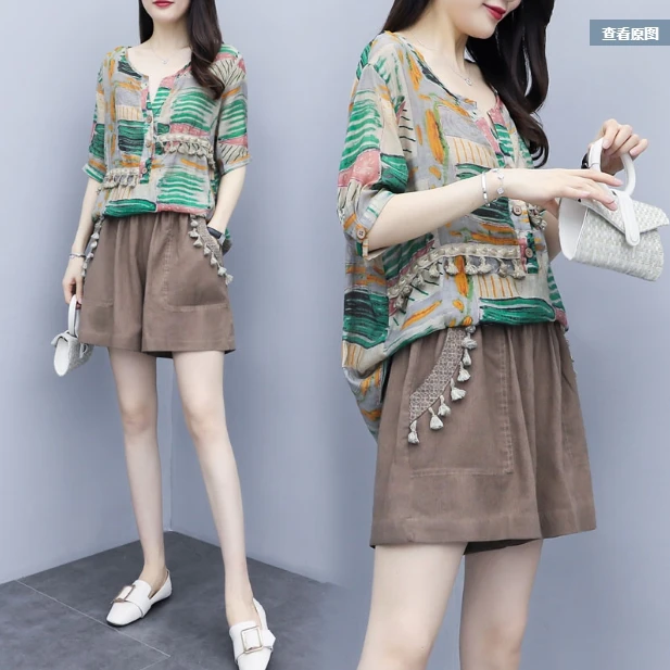 

Casual Women Two Piece Outfits Summer Top And Shorts Linen Cotton Korean Tracksuit Ensemble Femme Deux Pieces Matching Sets
