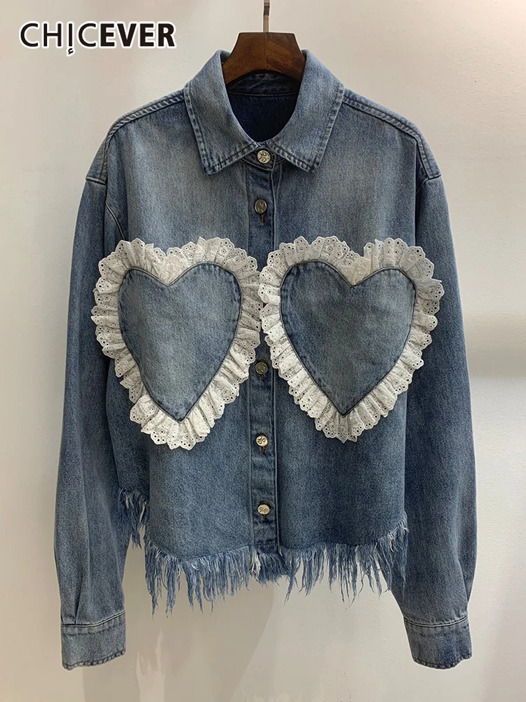 

CHICEVER High Street Denim Jackets For Women Lapel Long Sleeve Patchwork Tassel Single Breasted Coats Female 2022 Spring Clothes