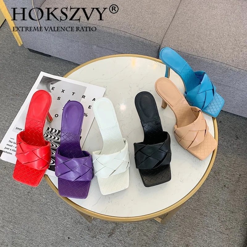 

HOKSZVY женские тапочки 2020 Ранняя весна плетеные женские сандалии на тонком высоком каблуке шлепанцы обувь Zml