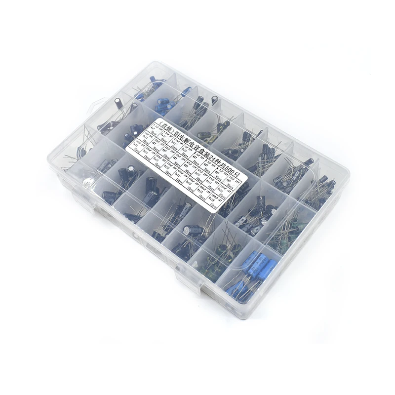 500Pcs/lot 0.1UF-1000UF 24Values Aluminum Electrolytic Capacitors 16-50V mix Electrolytic capacitor Assorted kit and storage box