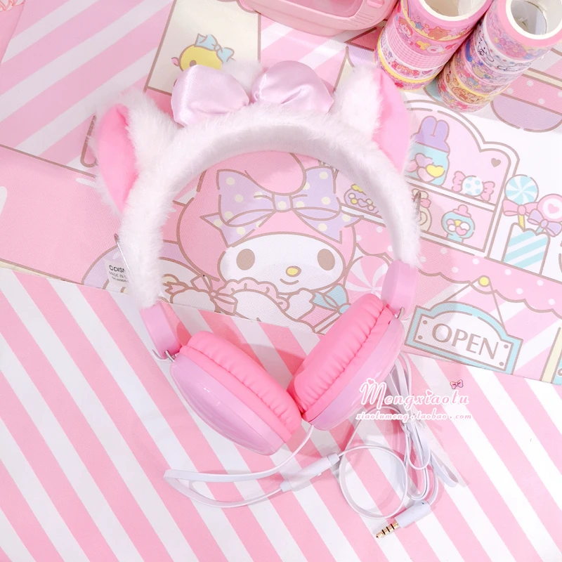 Милые розовые плюшевые женские зимние наушники теплые с животными кошачьи