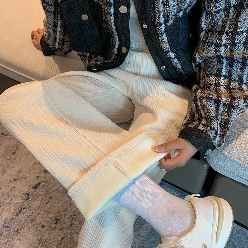 

2022 Women Thicken Corduroy Wide Leg Pants High Waist Loose Fleece Pants Casual Y2K Winter Warm Trousers Fashion Sweatpants P388