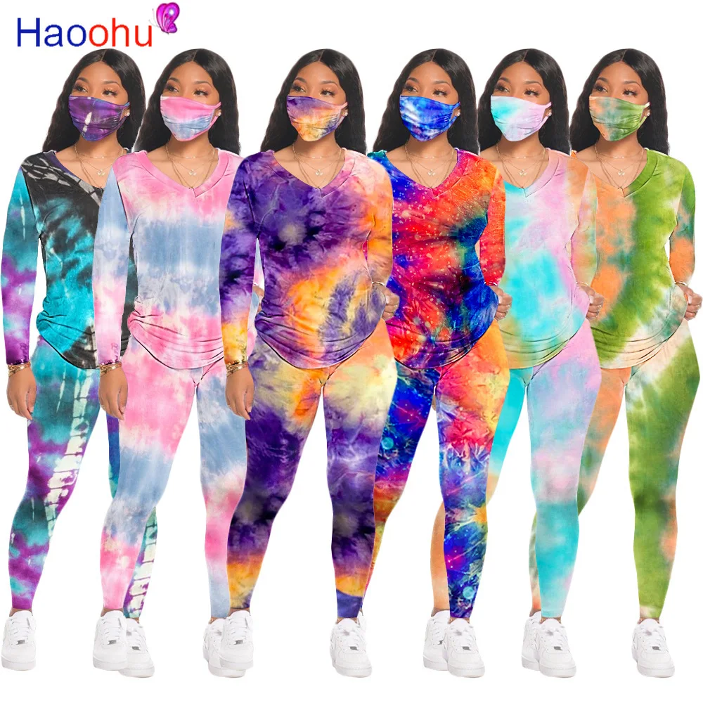

HAOOHU Sport Sweatsuit Tie Dye space Print Women's Set V-neck Tops Legging Pants Set Active Tracksuit Two Piece Fitness Outfit