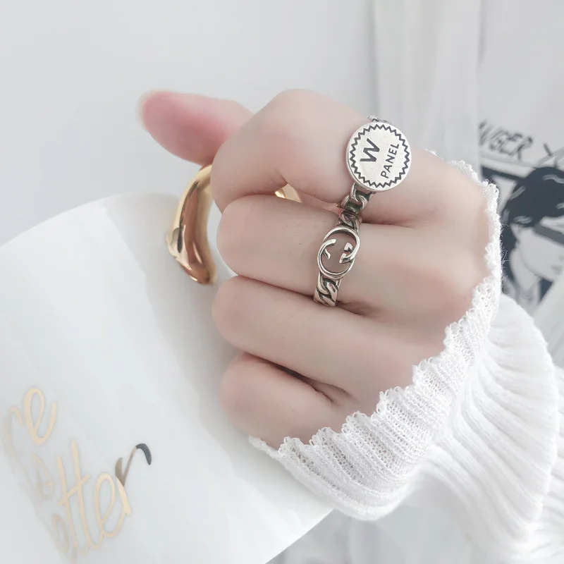 

FMILY Minimalist 925 Sterling Silver Personality Letter Ring Retro Fashion Hip Hop Chain Jewelry Gift for Girlfriend