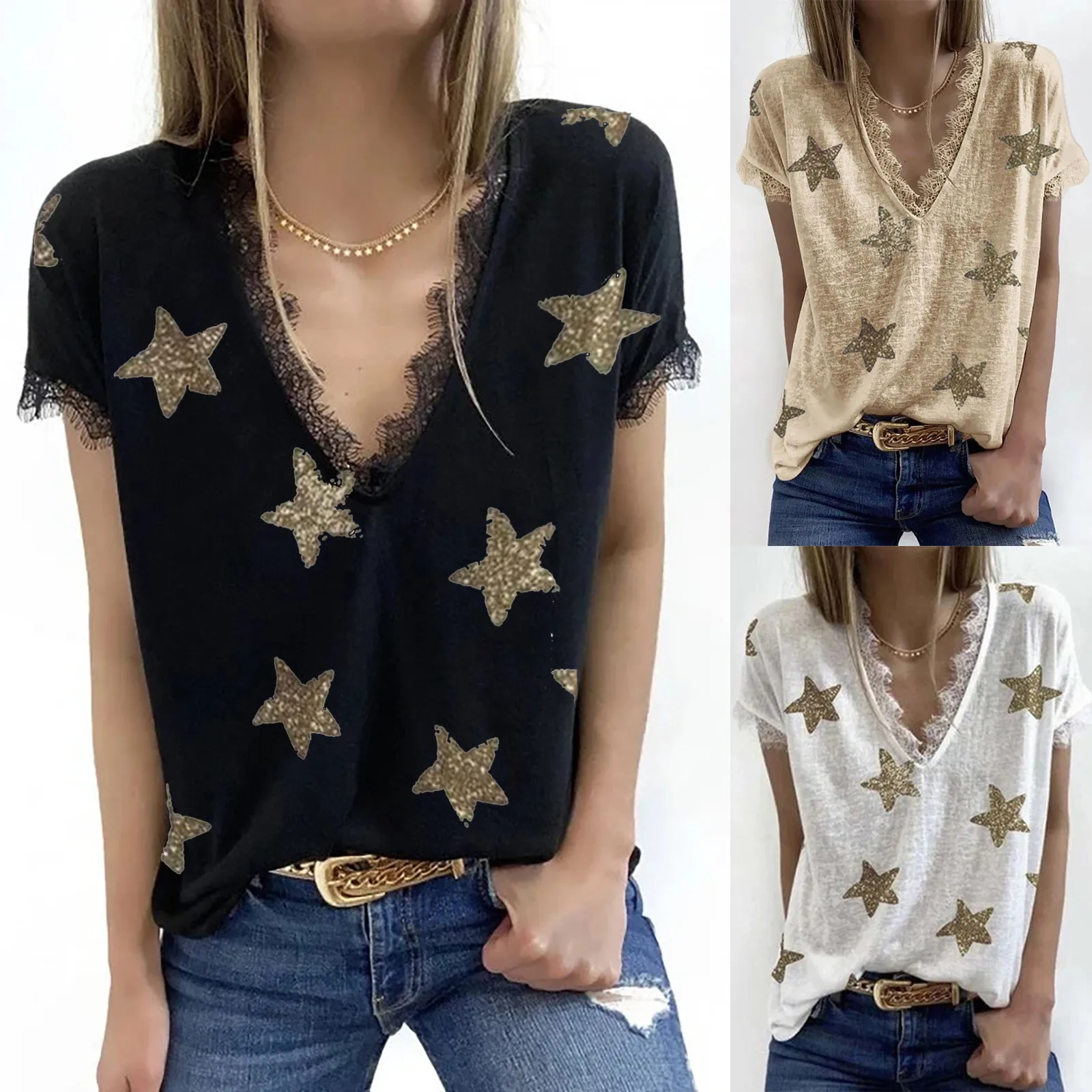 

Women T-shirts Summer V-neck Star Print Short Sleeve Lace Patchwork T-shirts