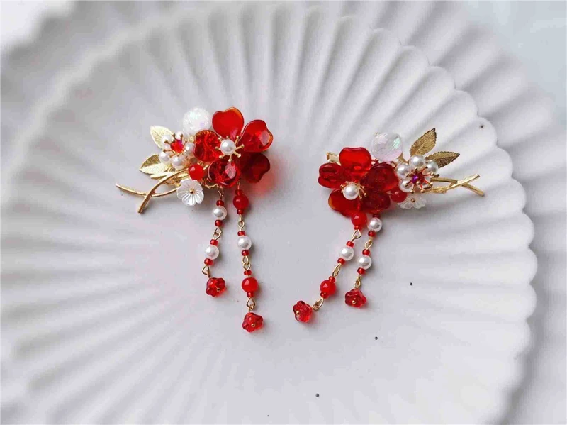 1 пара заколки для волос с кисточкой в стиле ретро красными цветами девочек