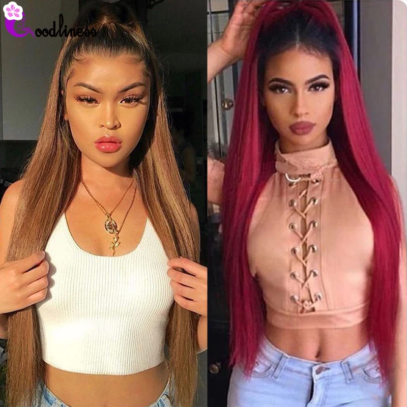 

Straight Ombre Brazilian Lace Front Wig Ombre Honey Blonde Lace Front Wig Human Hair 4x4 Colored 27 30 99J Burgundy Closure Wig