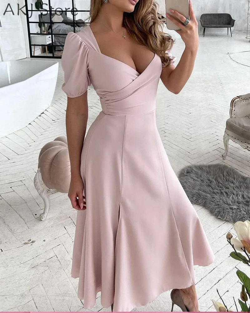 

Women Sexy V-Neck Zipper Slit Backless Dress