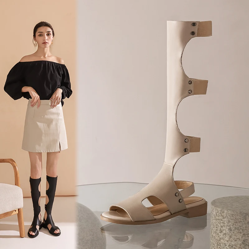 

Ladies Genuine Leather Low Heels Knee High Boots Spring Summer Gladiatus Peep Toe Long Boots Shoes Femme Casual Sandals
