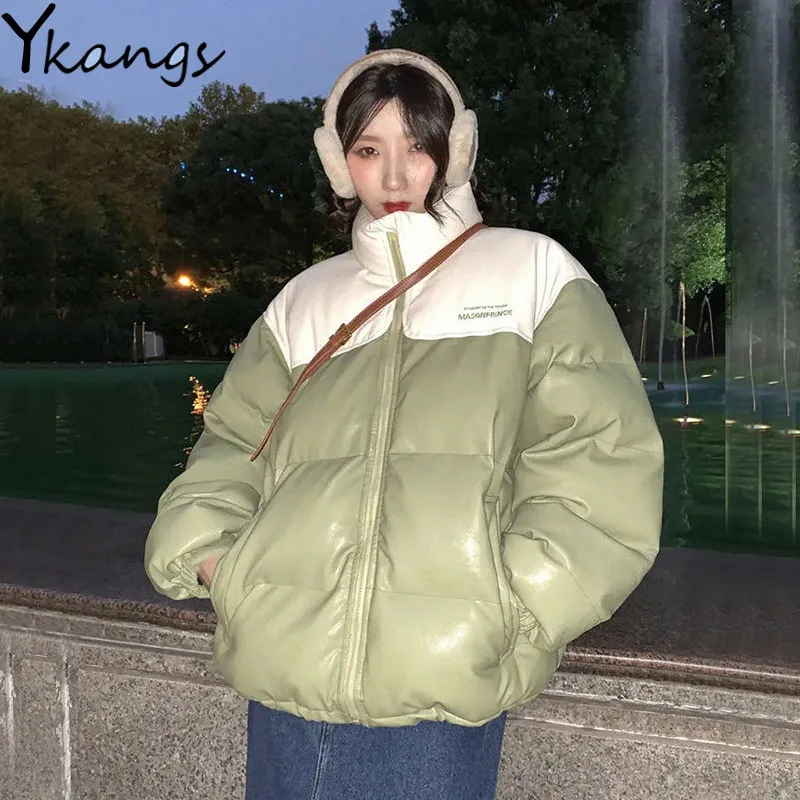 

Thick Warm PU Leather In Winter Women's Jacket Y2k Contrast Color Stitching Zipper Ladies Winter Parka Leisure Long Sleeve Coat