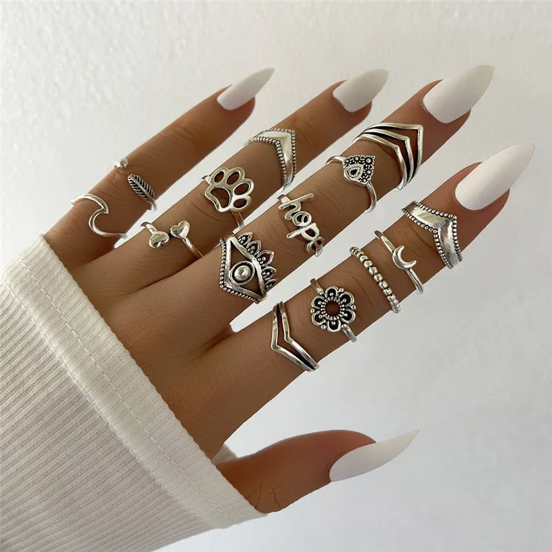 

LETAPI 14pcs/set Boho Midi Finger Rings Set for Women Punk Vintage Sliver Color Heart Moon Flower Rings Jewelry Gift