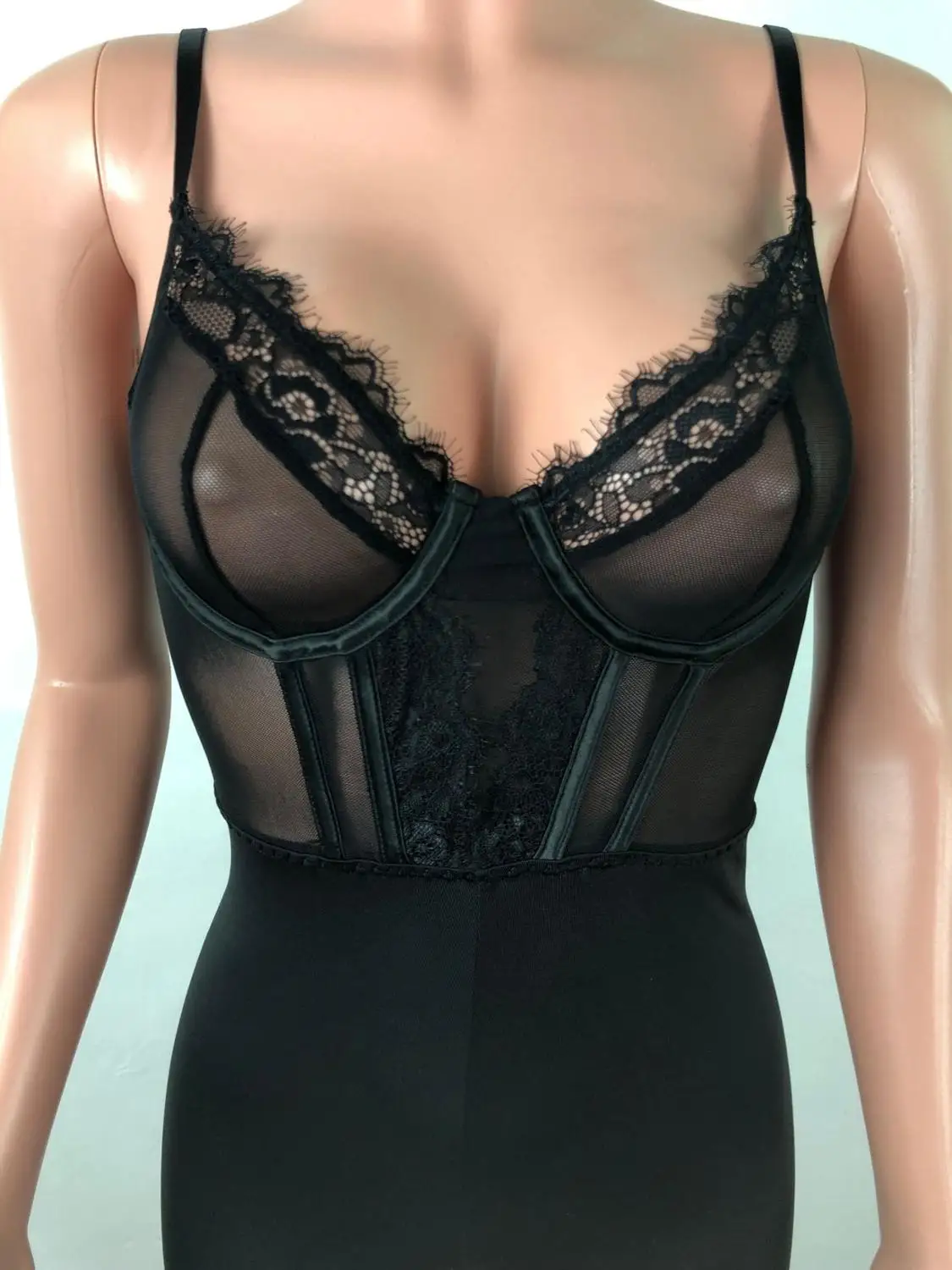 

Spaghetti Strap Lace Patchwork Sexy Jumpsuit Women Sleeveless Deep V Black Casual Club Backless Mesh Sheer Short Romper Playsuit