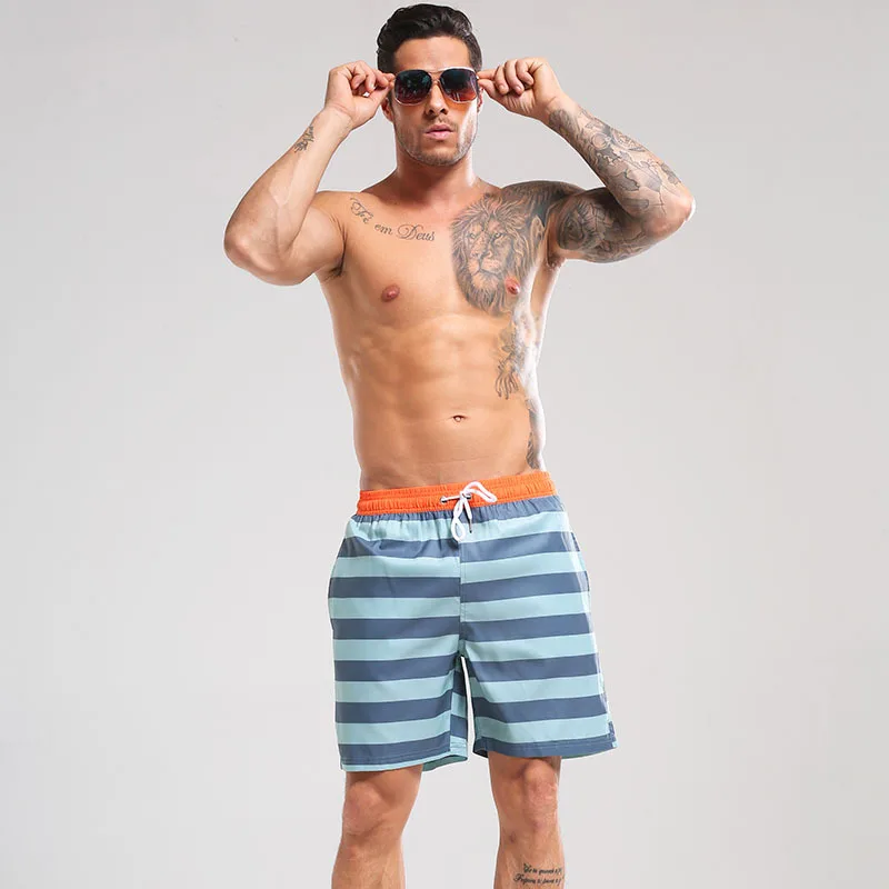 

Summer Seaside Vacation Beach Pants Male Waterproof Hot Spring Blue Striped Quarter Printing Shorts Swimming Trunks Shorts