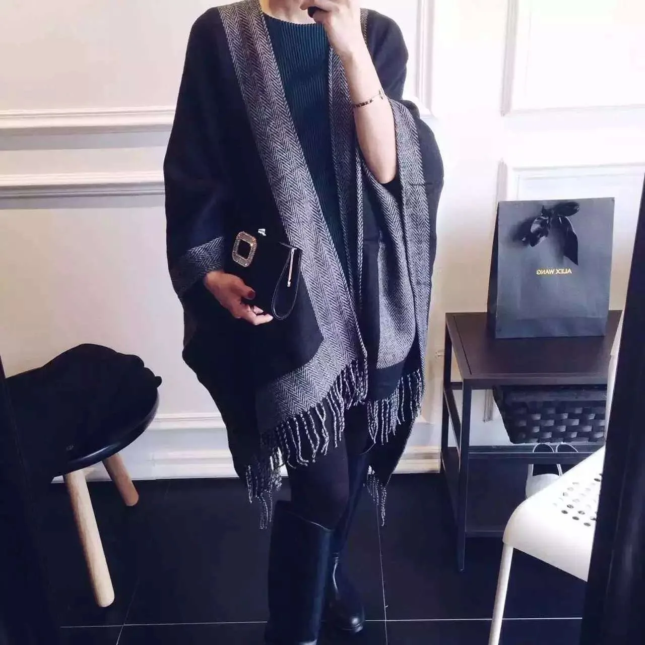 Акриловая термо шарф из Для женщин классические твил серого и черного цветов